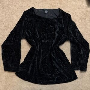 Black Velvet Burnout Semi-Sheer 3/4 Sleeve Top Size XL Witchy Whimsigoth